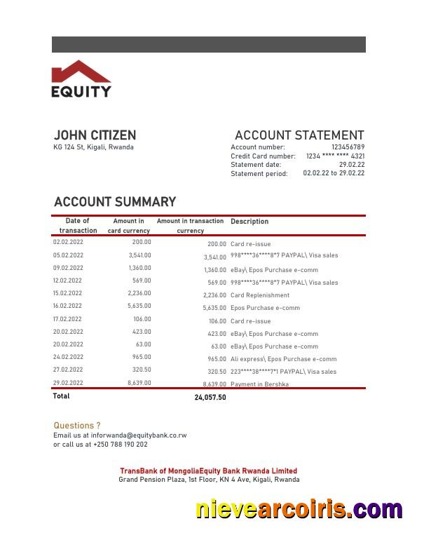 Rwanda Equity bank statement, Excel and PDF